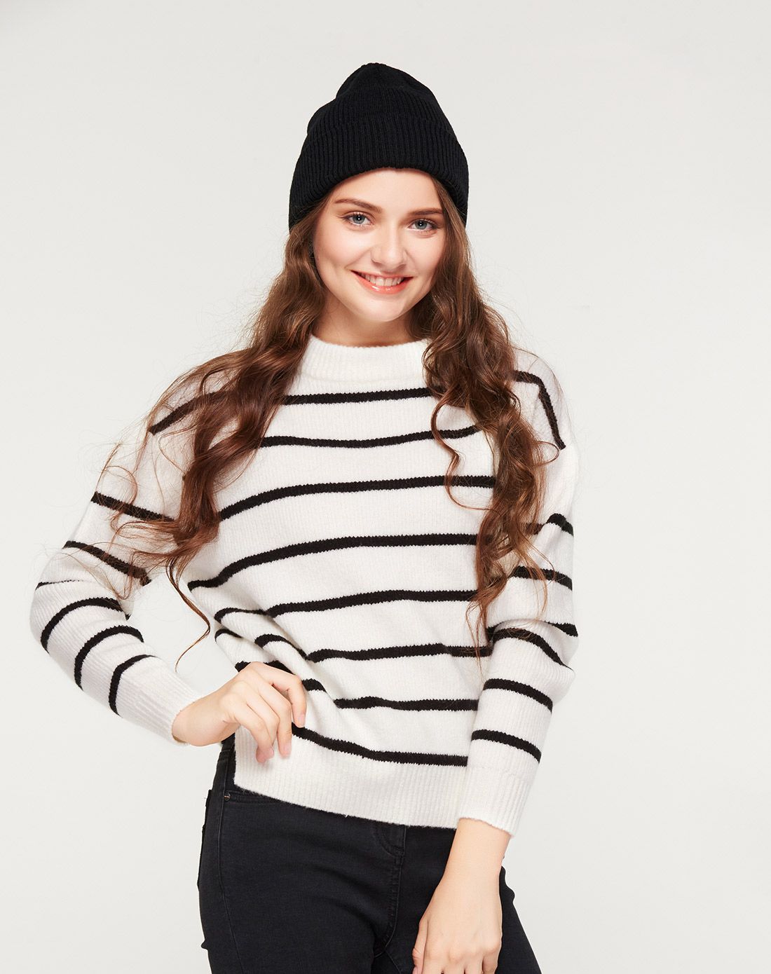 cache cache黑白条纹圆领毛衣针织衫4519017123_唯品会