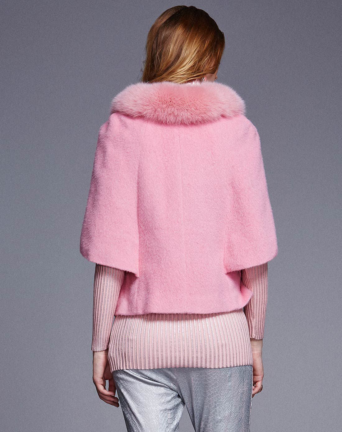 桃粉色狐狸毛领斗篷含羊毛毛呢外套时尚外套