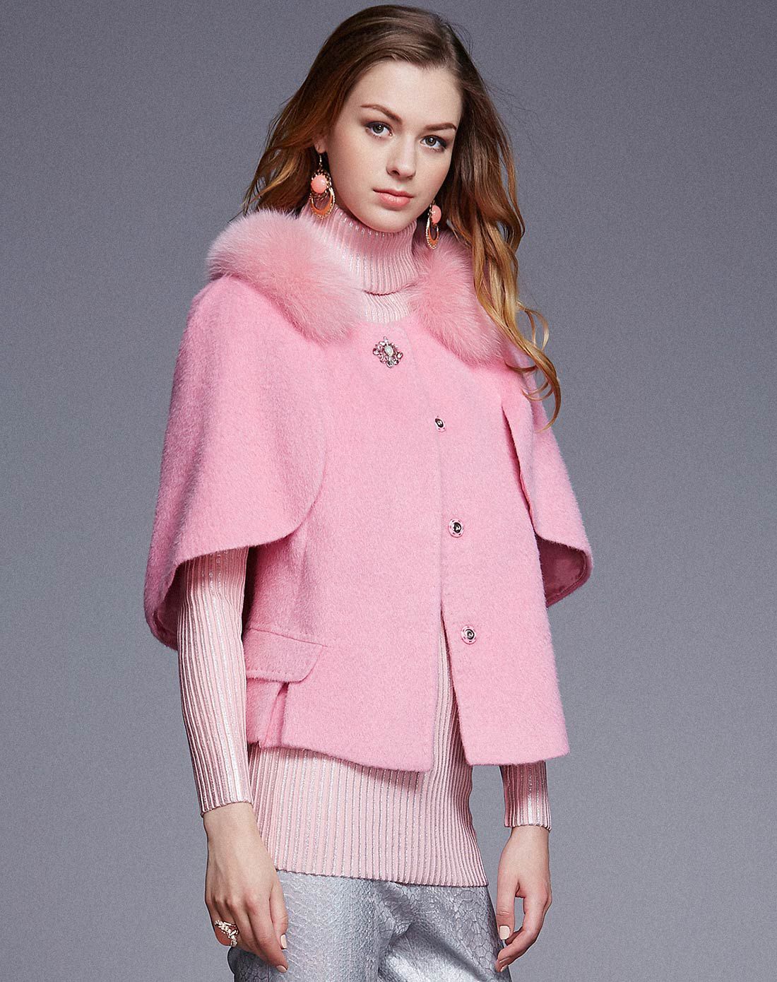 桃粉色狐狸毛领斗篷含羊毛毛呢外套时尚外套