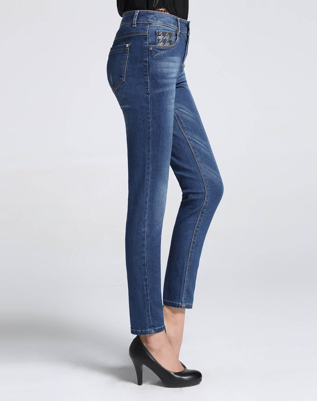 梦舒雅m.suya女裤专场 深蓝色简约铅笔牛仔裤(加长版)