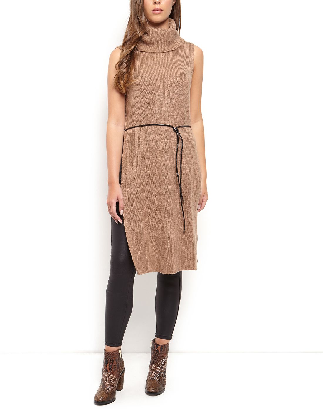 女款淡褐色高领长款无袖针织衫