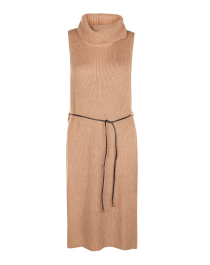 女款淡褐色高领长款无袖针织衫