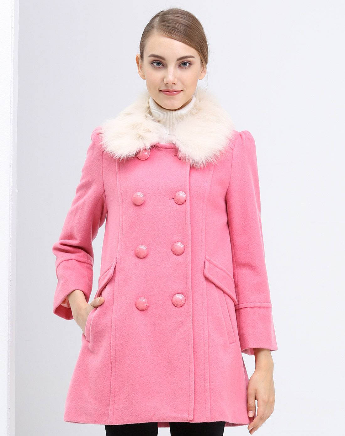 桃红色时尚气质毛呢大衣