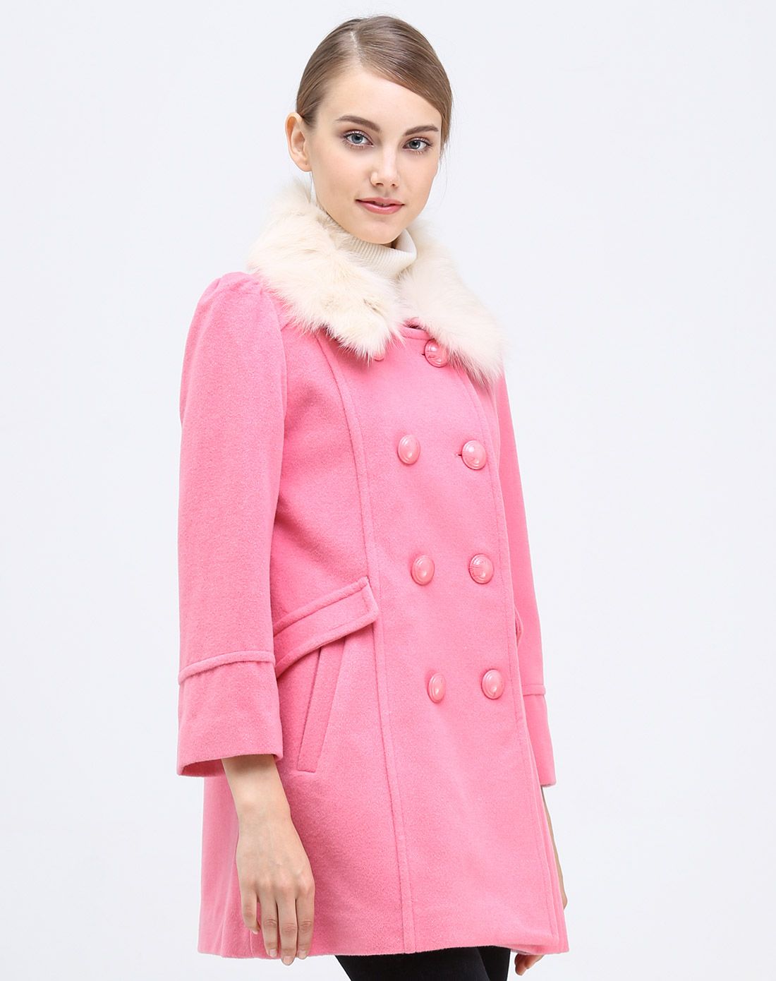 桃红色时尚气质毛呢大衣