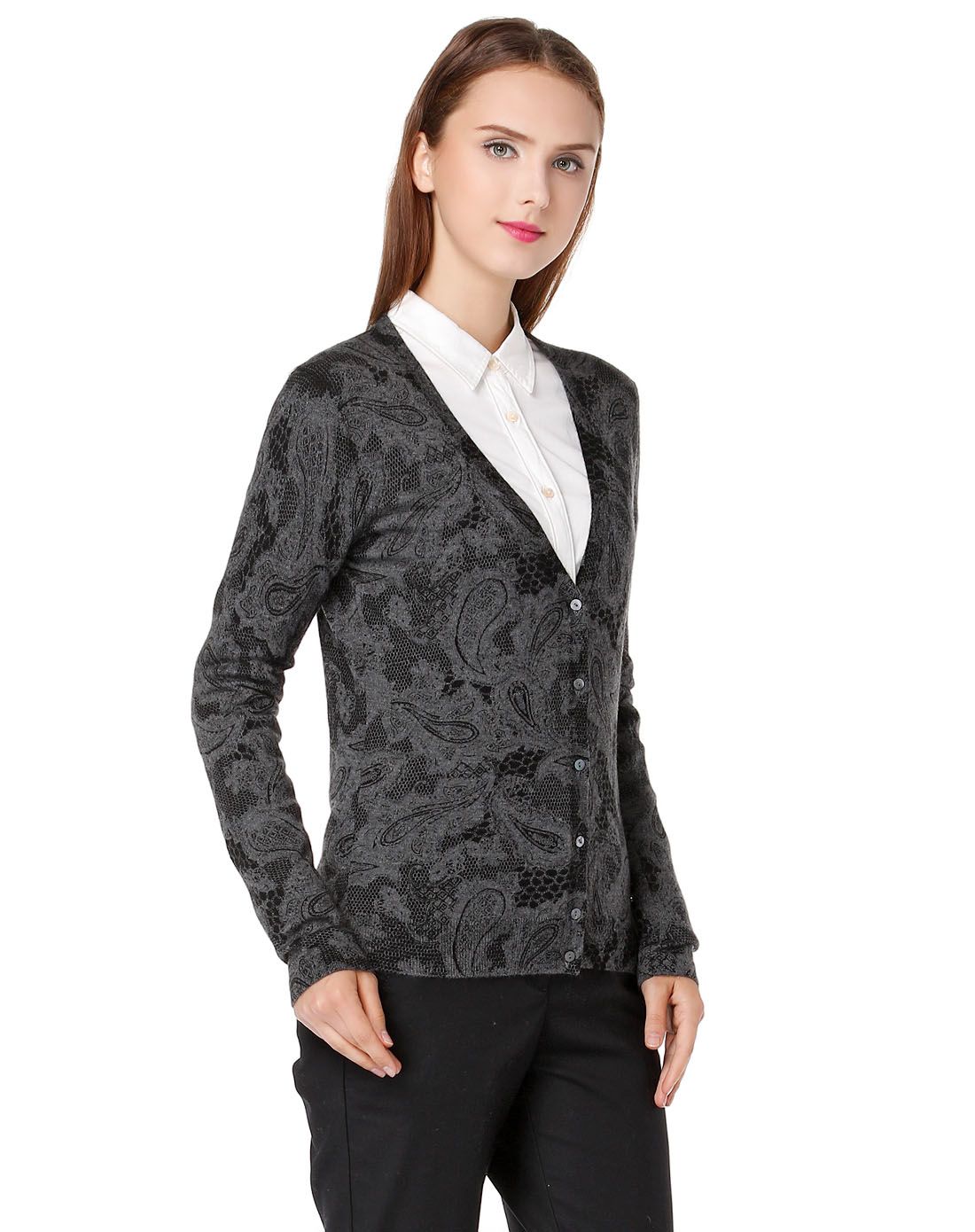 brax男女精品服饰专场女款深灰/黑色休闲印花开襟长袖针织衫372328