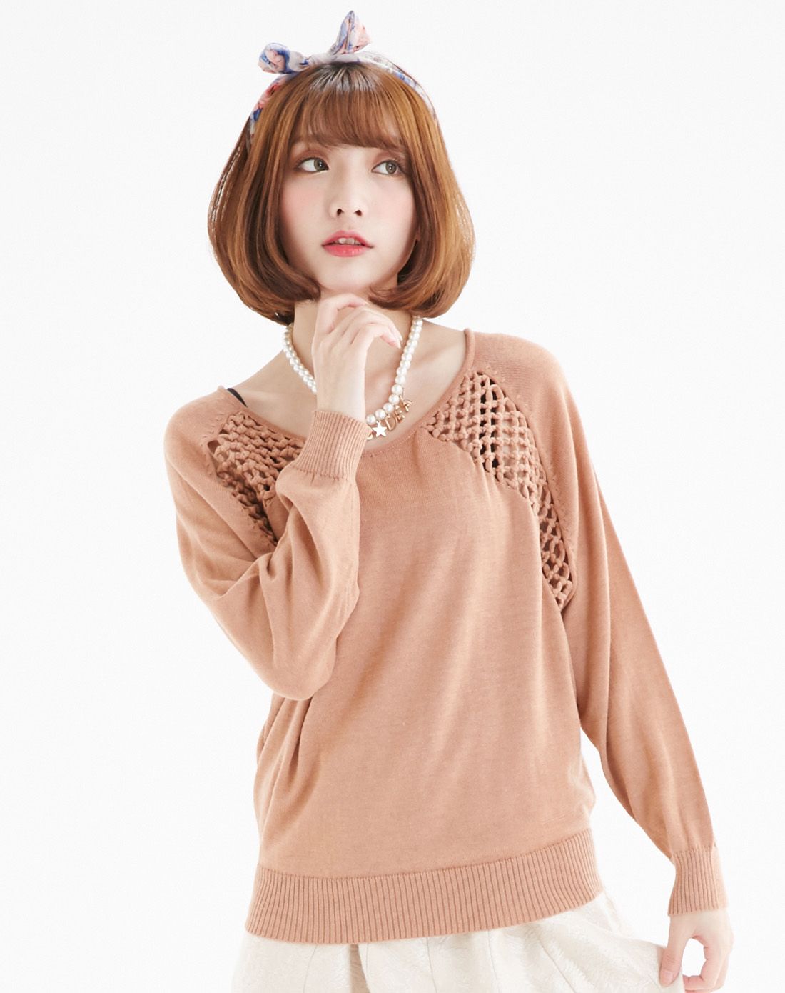 rouge diamant米粉啡色镂空长袖针织衫