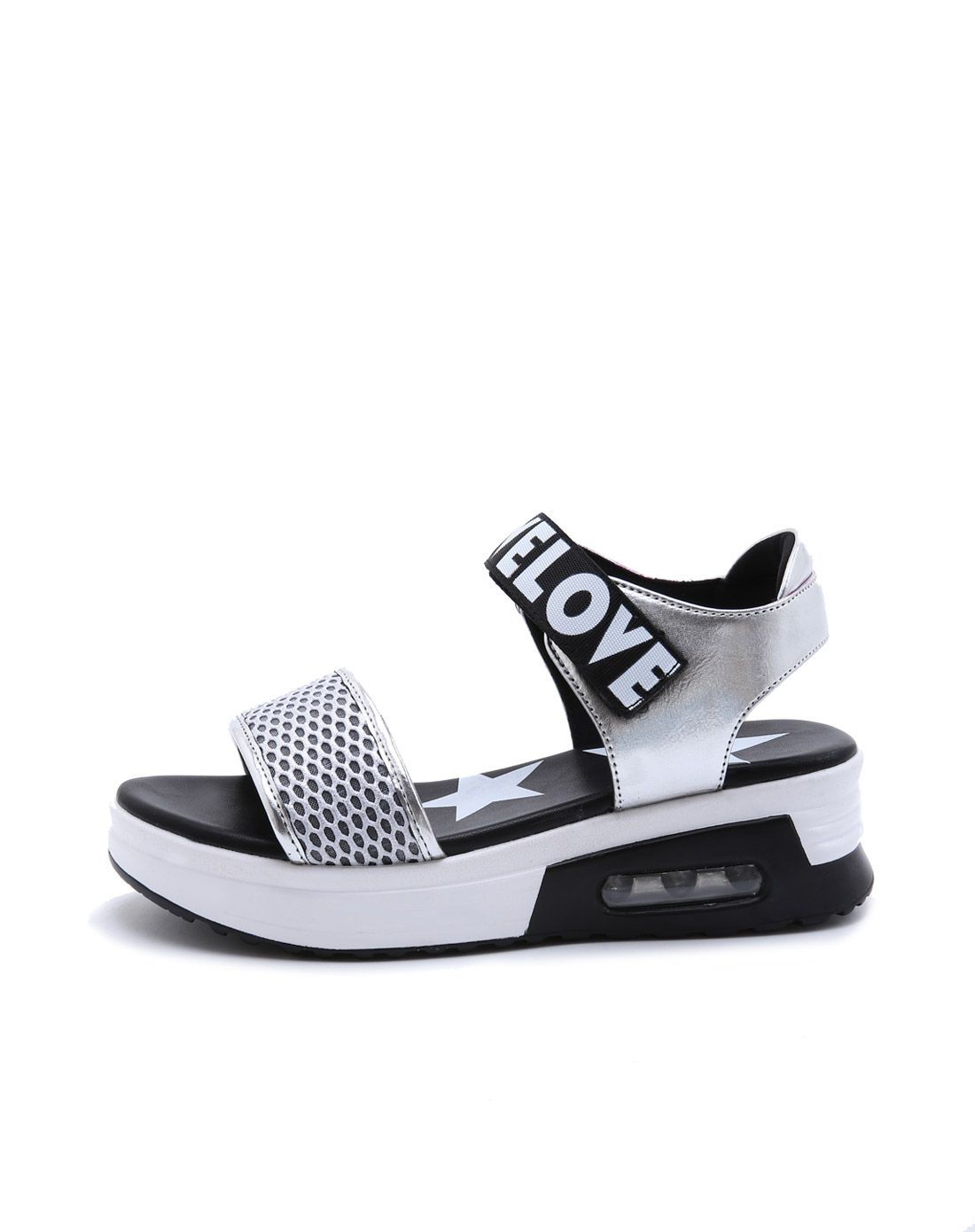 2016年新款银色时尚魔术贴英文字母女士凉鞋