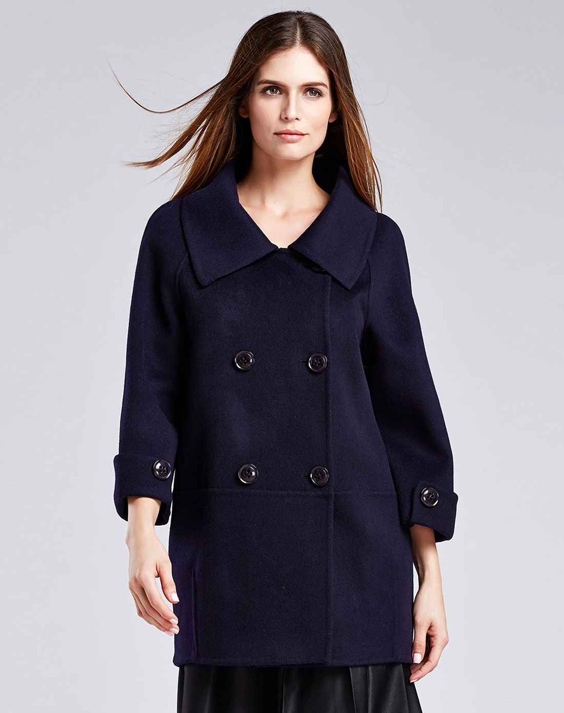 女款深藏青色双排扣双面呢大衣