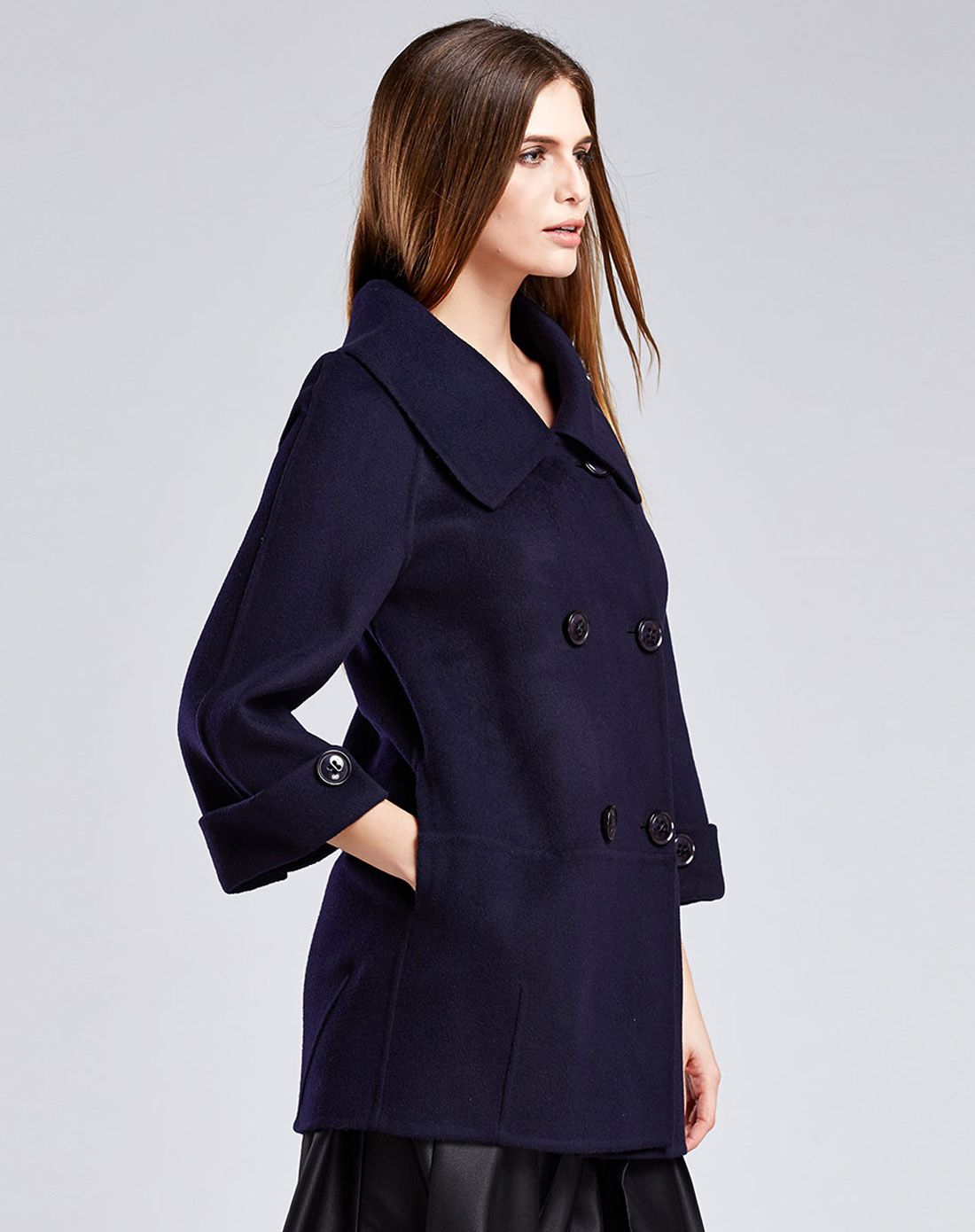 女款深藏青色双排扣双面呢大衣