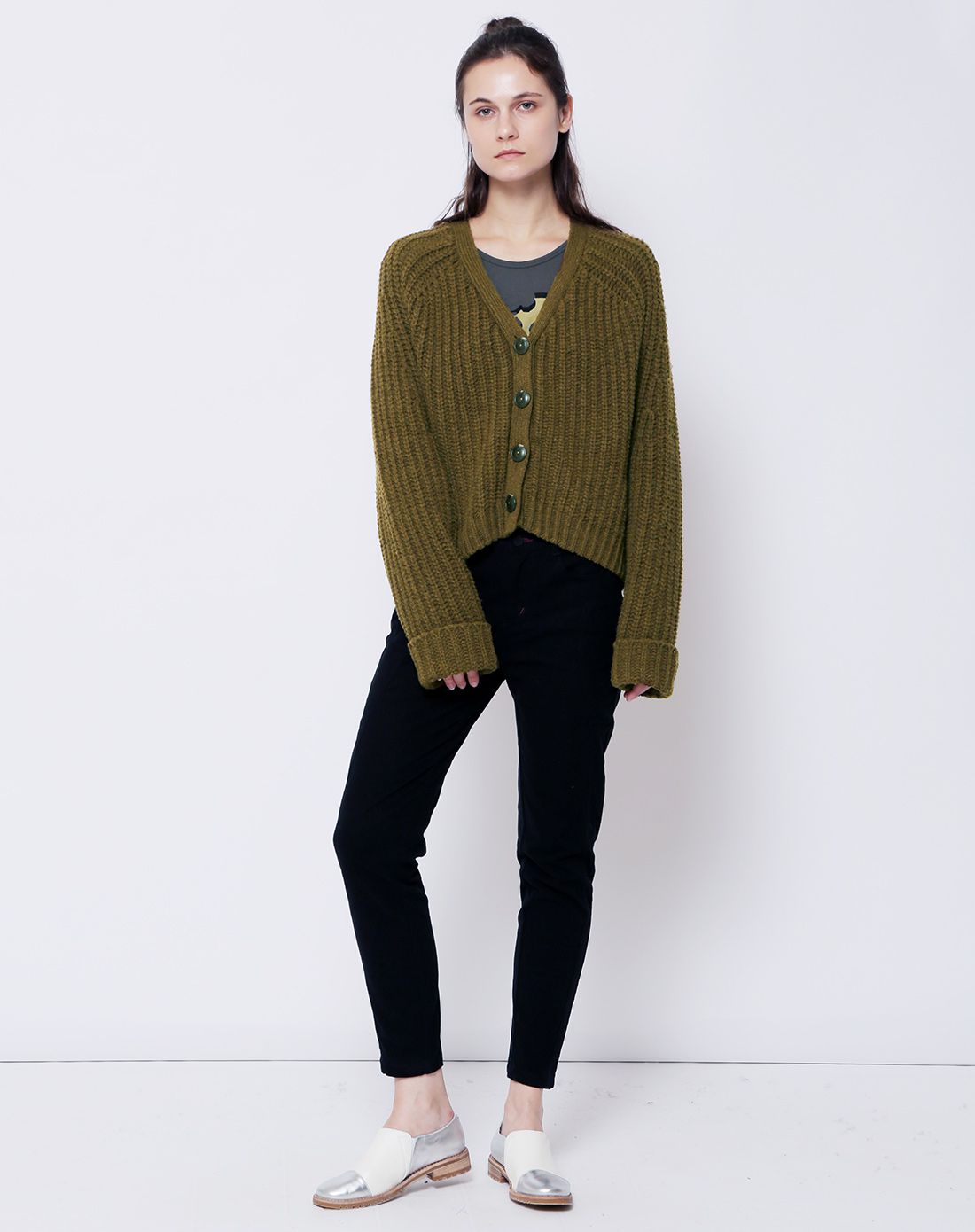 女款莺茶色混纱短开衫