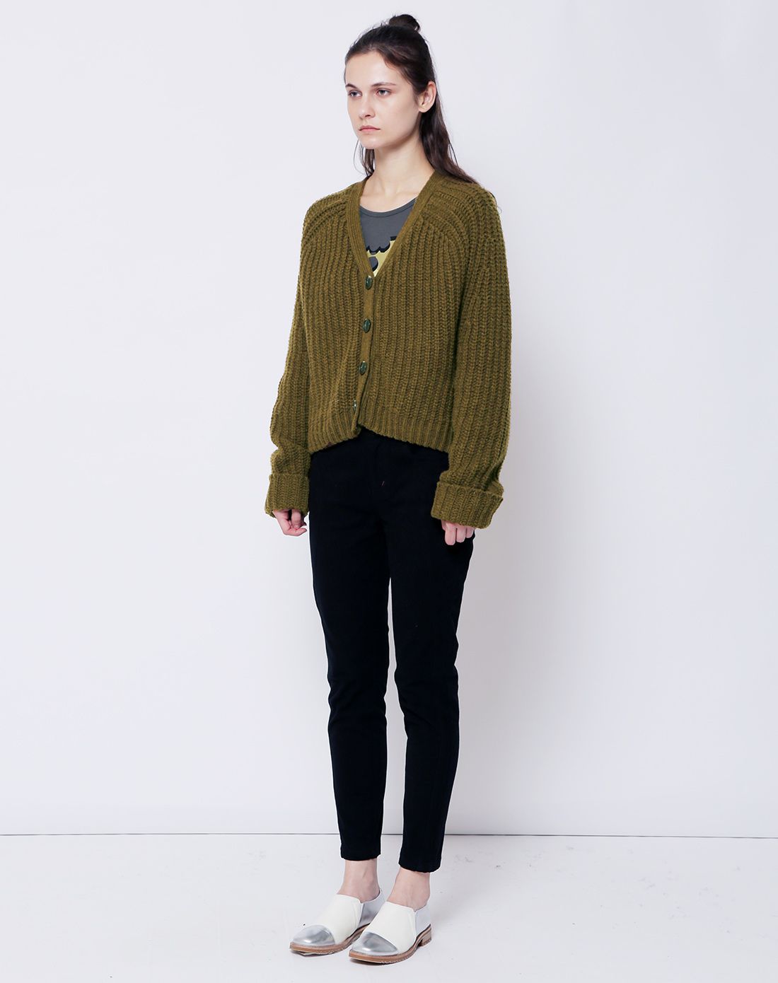 女款莺茶色混纱短开衫