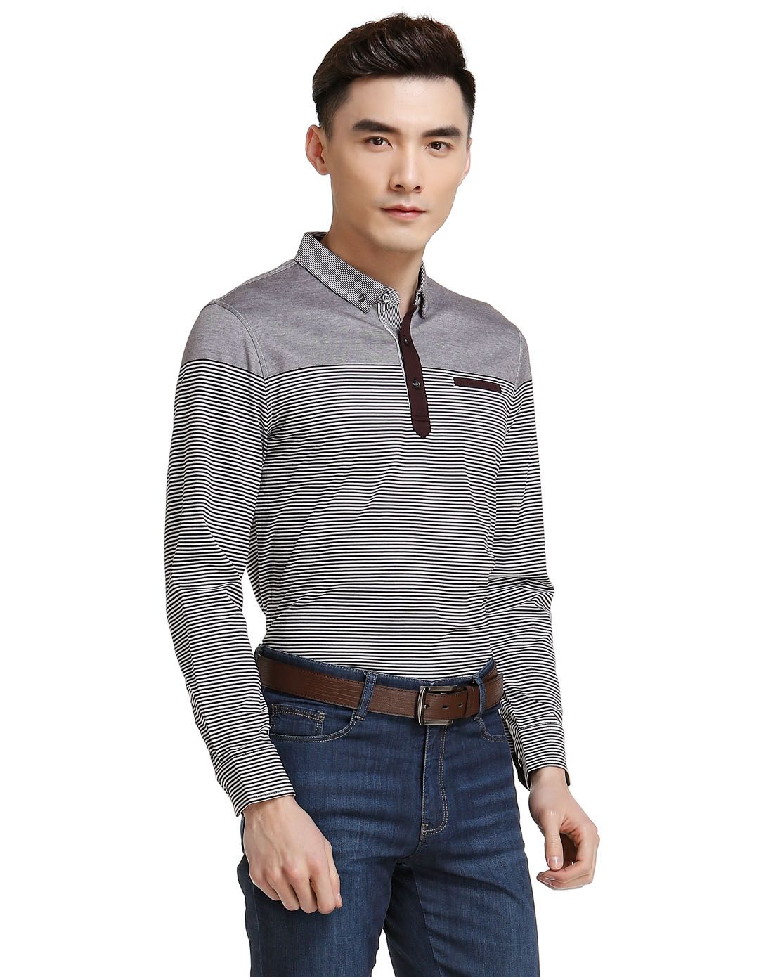 深褐啡/白色稳重条纹翻领长袖t恤
