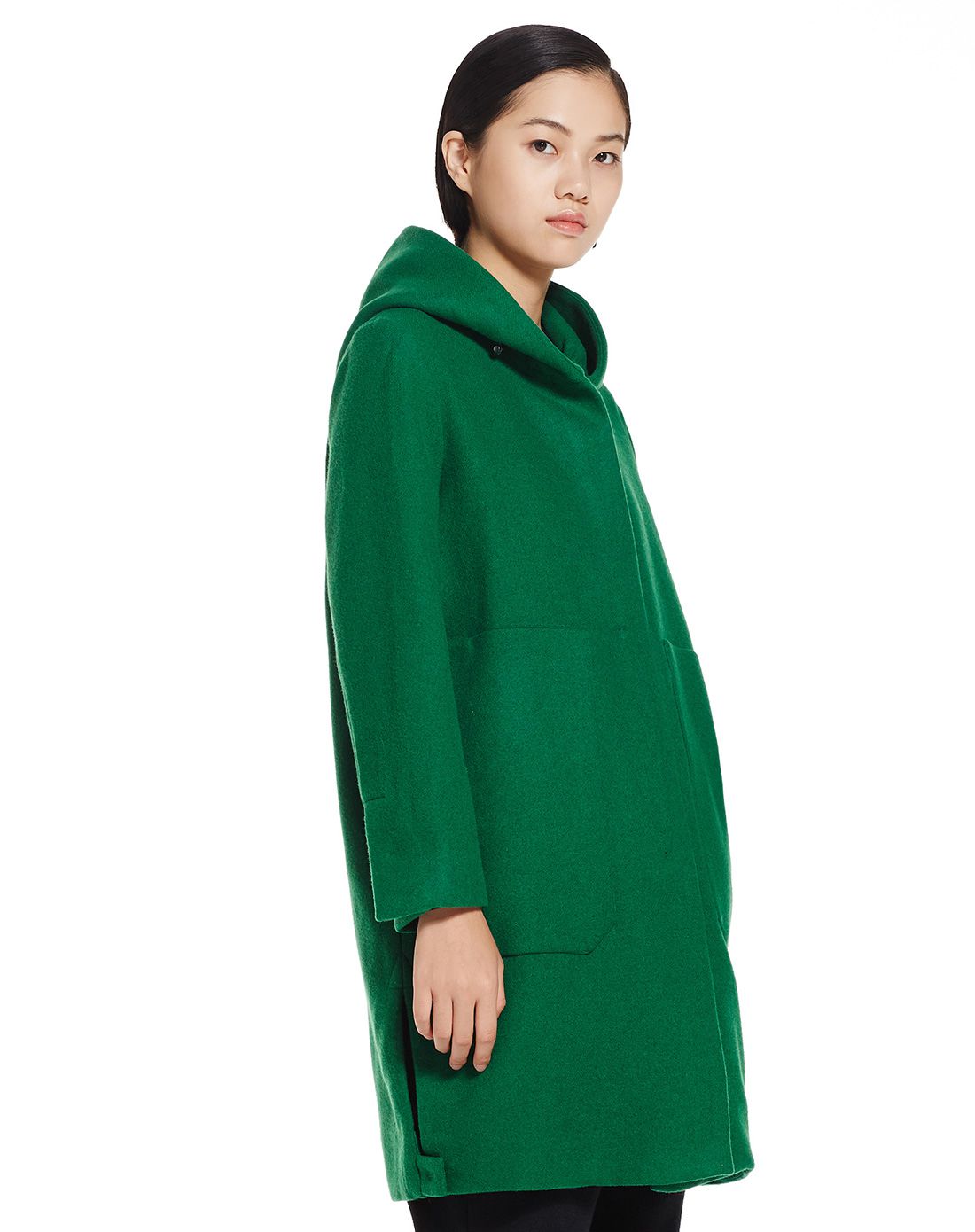 深艳绿时尚休闲简约连帽中长款外套