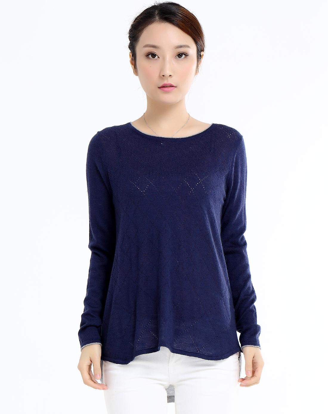 女士墨兰色长袖纯羊绒衫