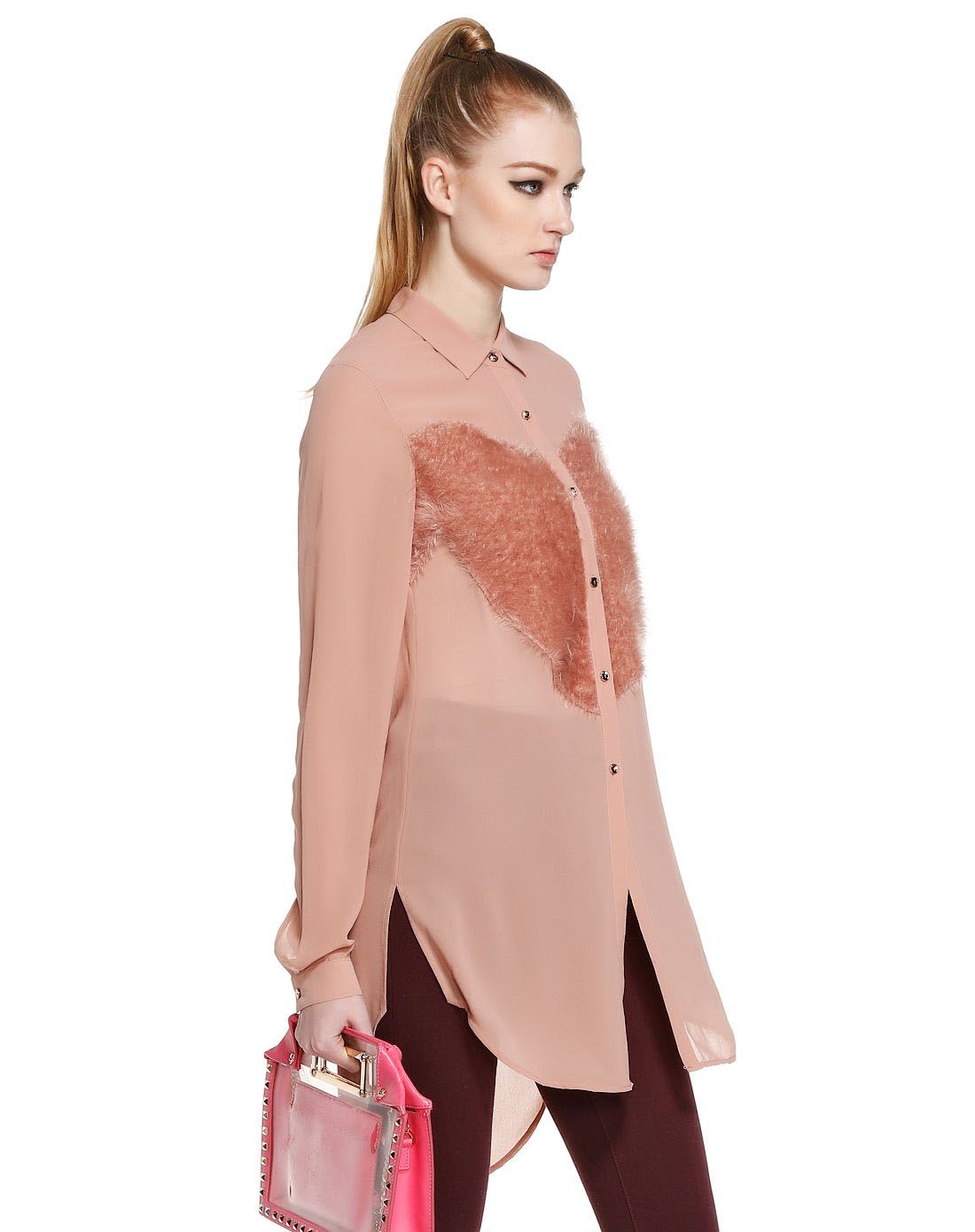 暗粉色百搭拼接长袖开襟上衣