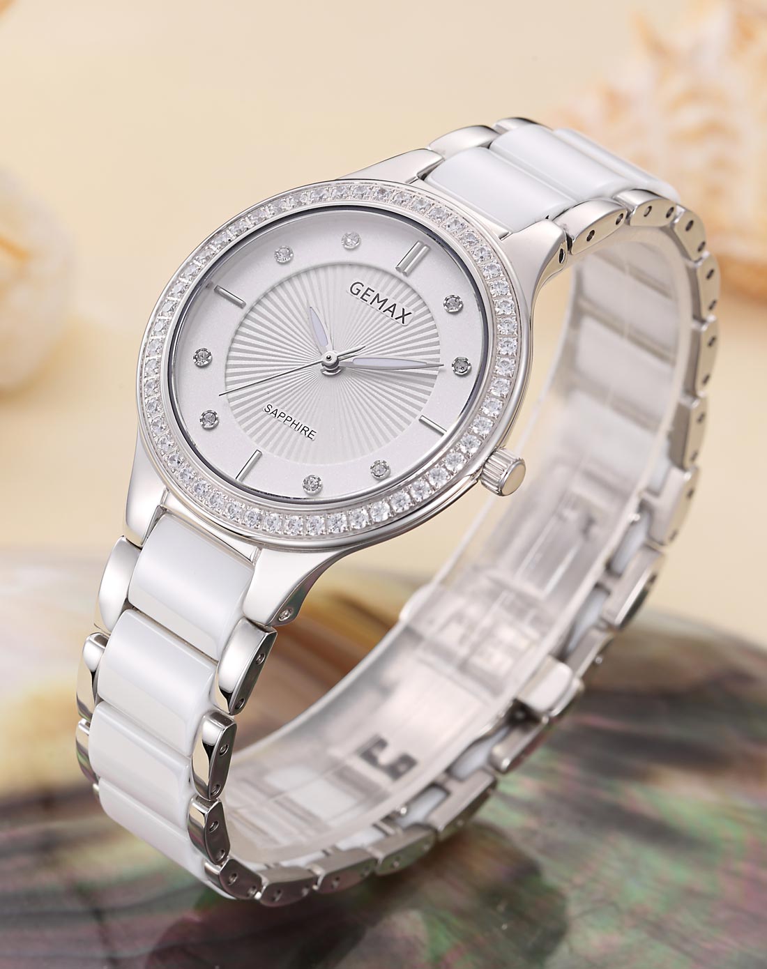 格玛仕gemax 晶钻旋风表盘白钢白陶瓷超薄女士手表