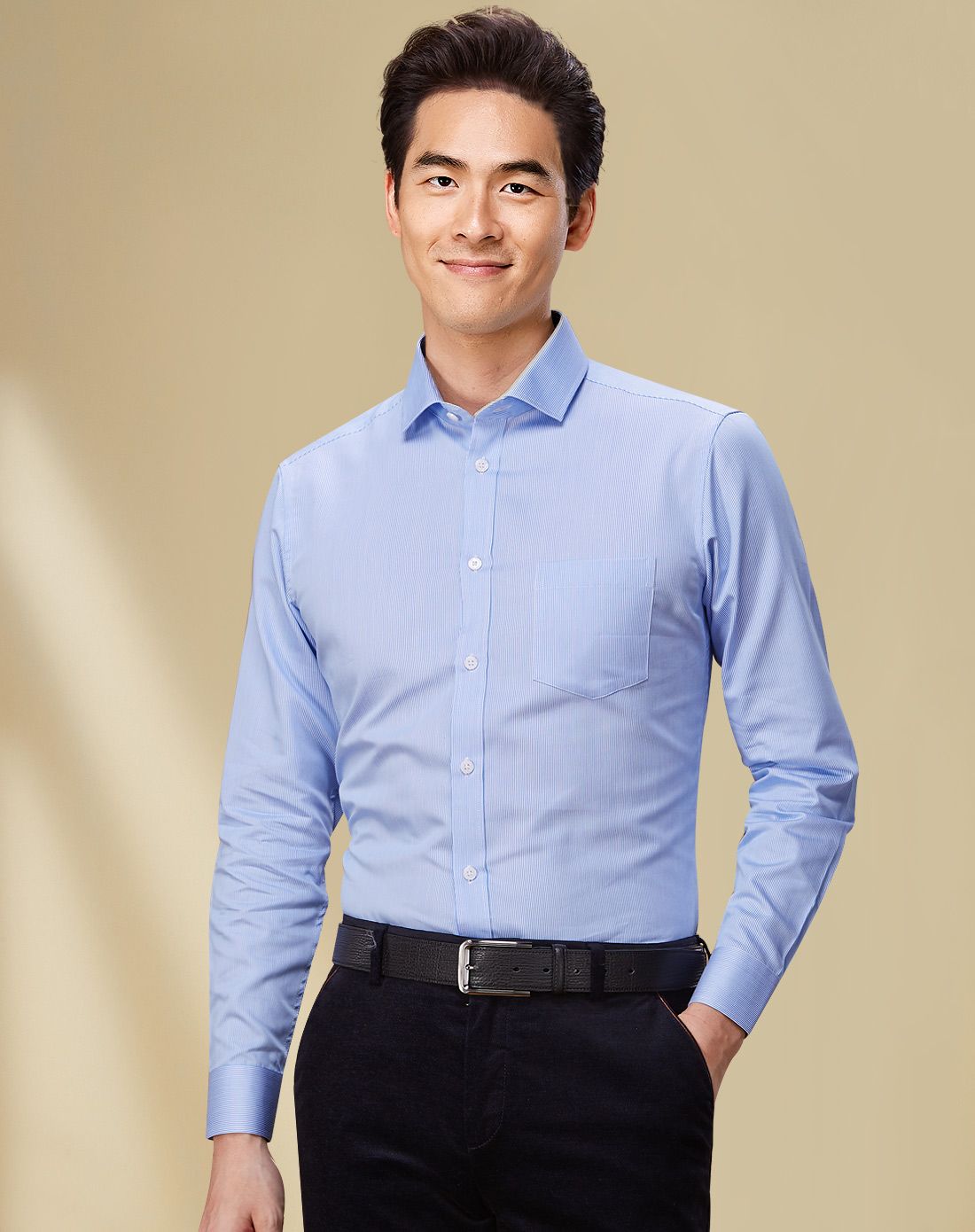 海澜之家蓝色条纹提花商务长袖衬衫hncad3a048a48_唯品会