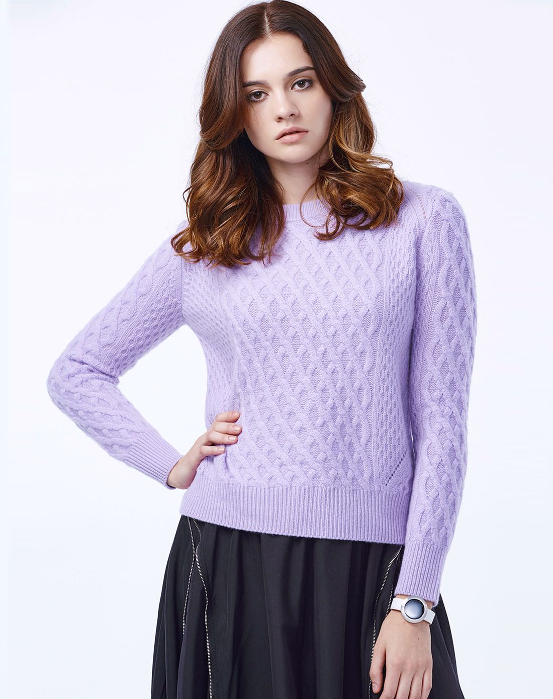 红莲honglian羊绒男女装女式雪青色羊绒圆领绞花女套衫