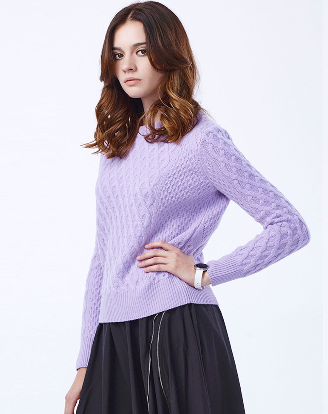 红莲honglian羊绒男女装女式雪青色羊绒圆领绞花女套衫