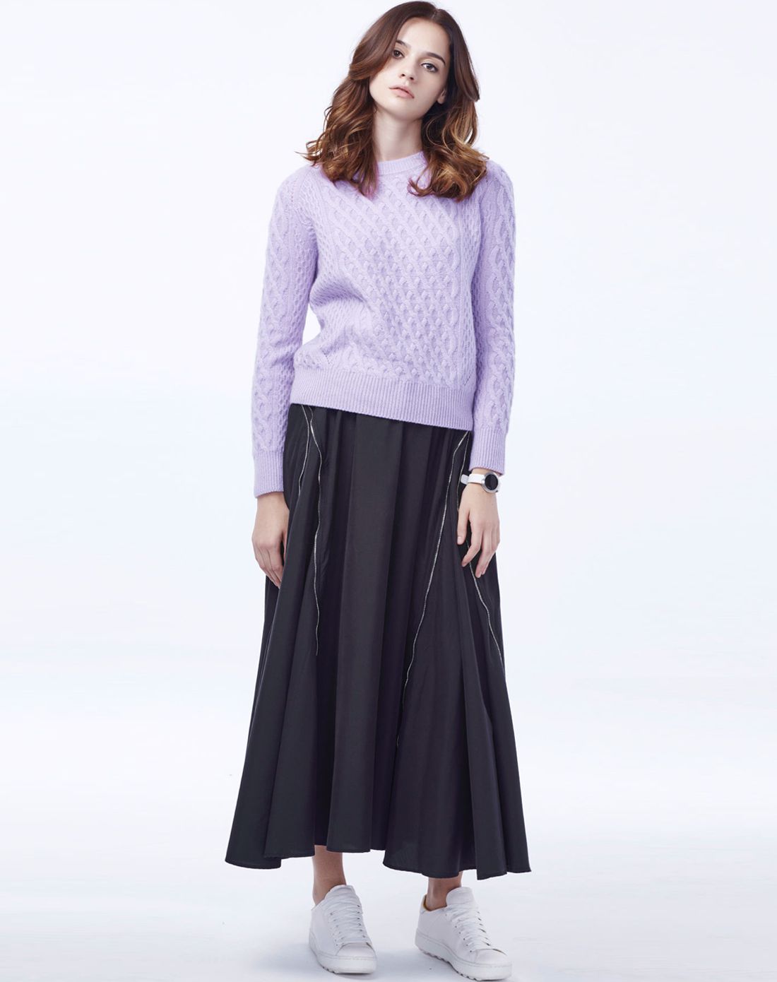 红莲honglian羊绒男女装女式雪青色羊绒圆领绞花女套衫