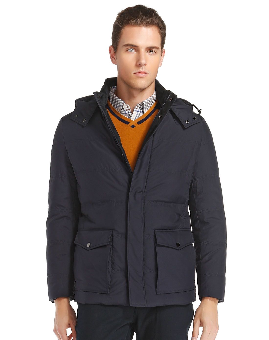 卡尔丹顿深蓝色时尚简约连帽长袖羽绒服