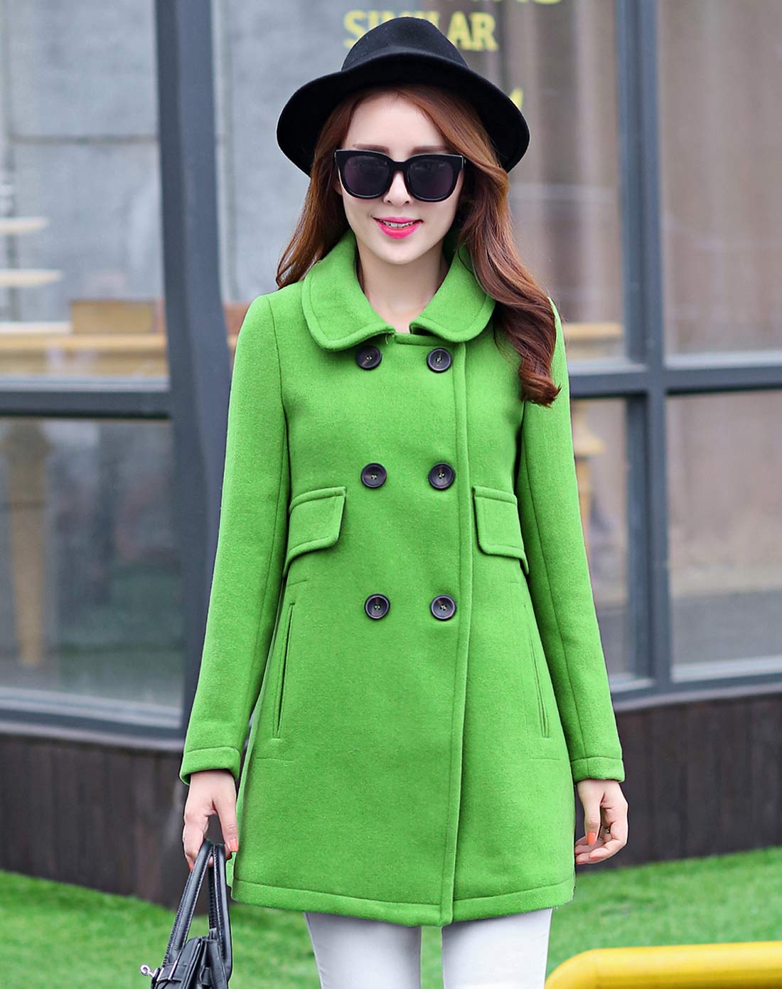 女绿色纯色翻领修身显瘦毛呢大衣
