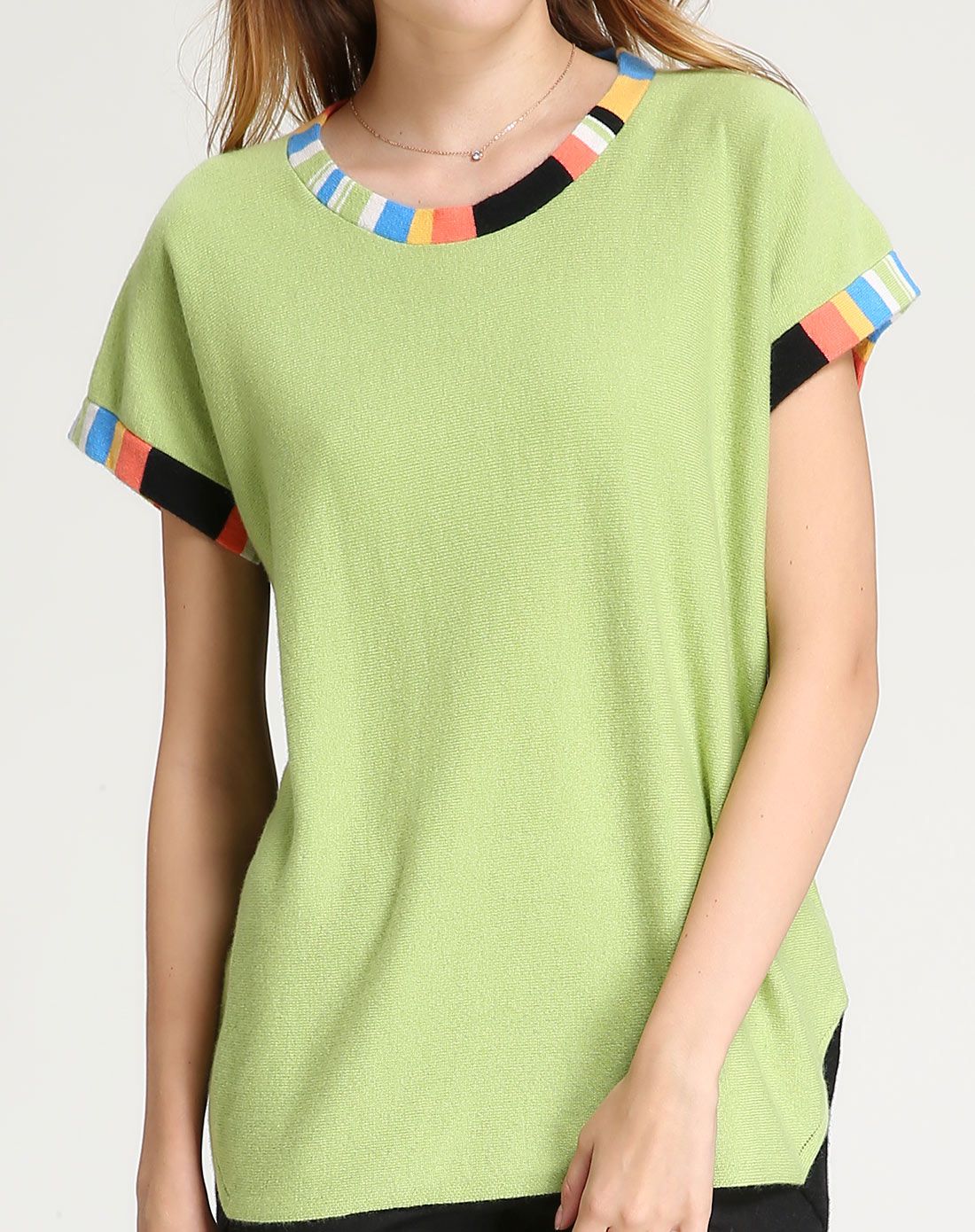 女款浅草绿撞色领口短袖纯羊绒衫