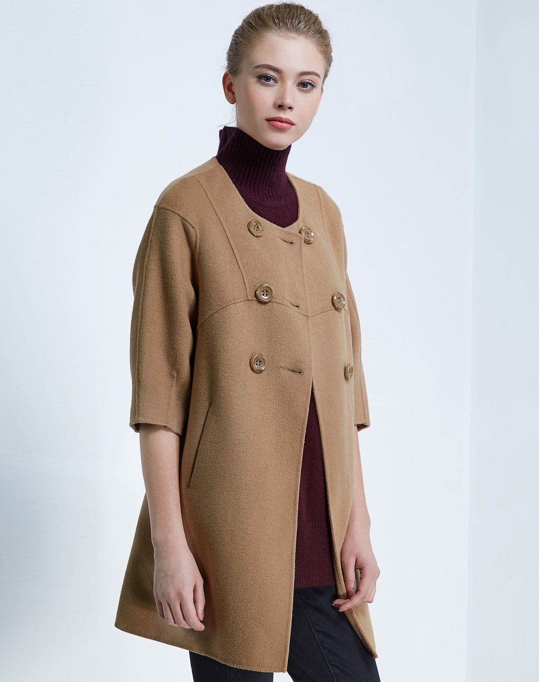 浅卡其色韩版双面呢大衣