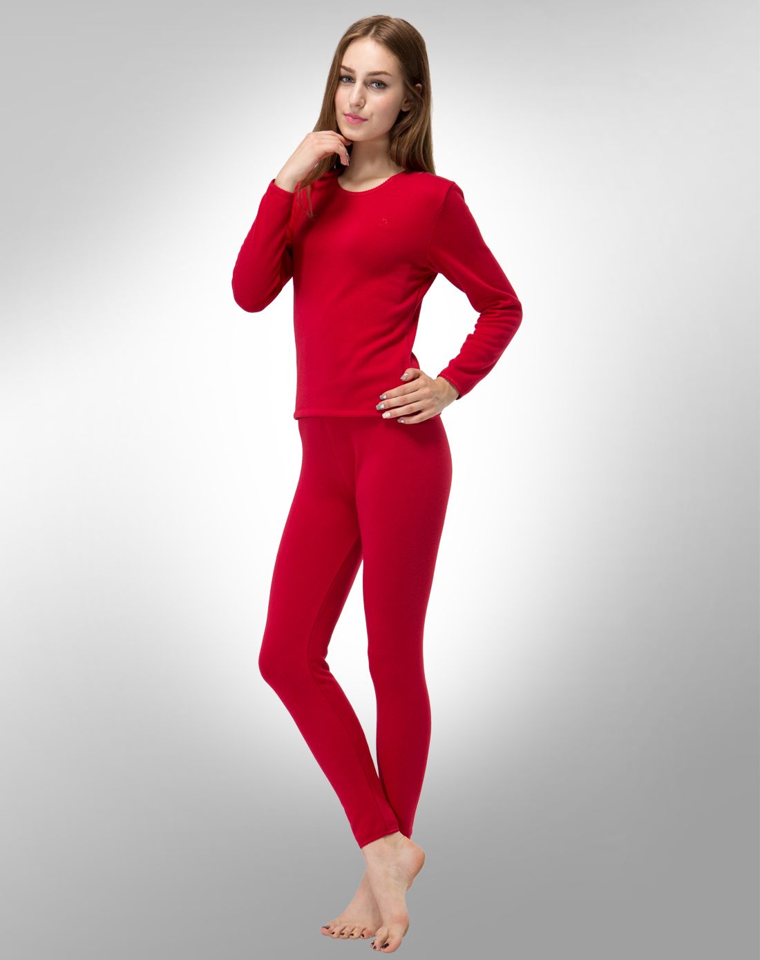 梦特娇女装发热纤维保暖加厚内衣套装红色