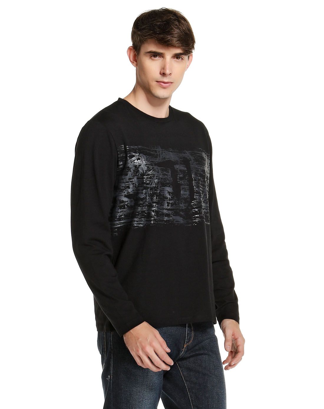 男款黑色暗纹印花长袖t恤