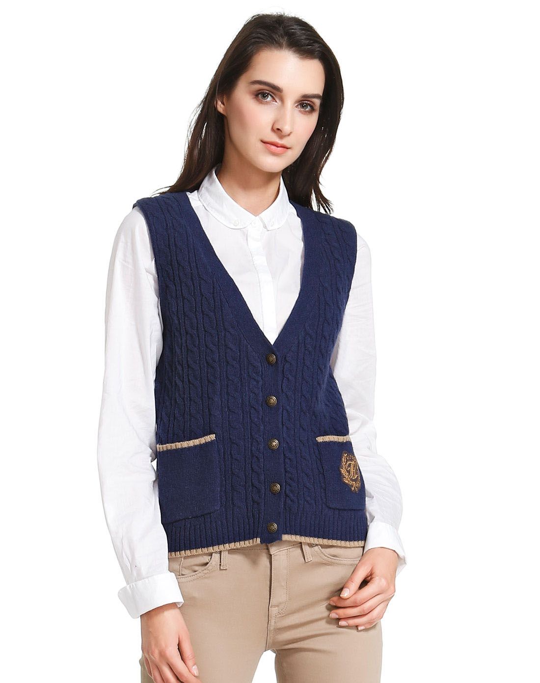 女款藏蓝色织纹双口袋开襟针织背心