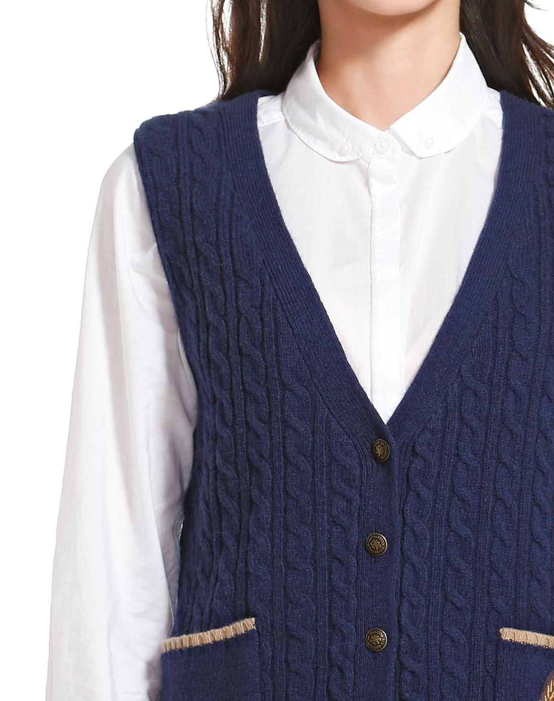 女款藏蓝色织纹双口袋开襟针织背心