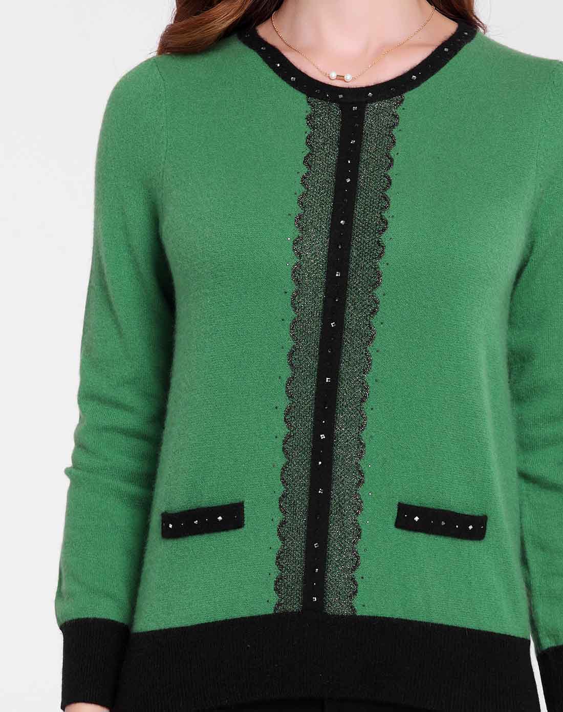 女款圆领黑/绿色长袖纯羊绒衫