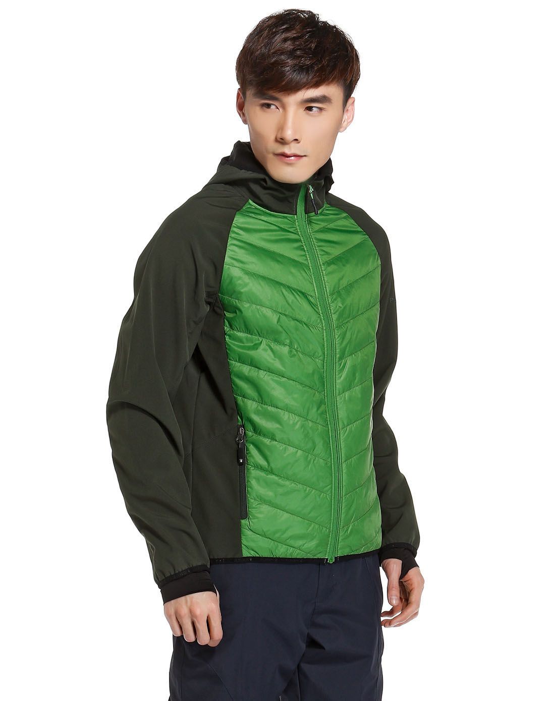 男款深绿/浅绿色带帽开胸复合外套