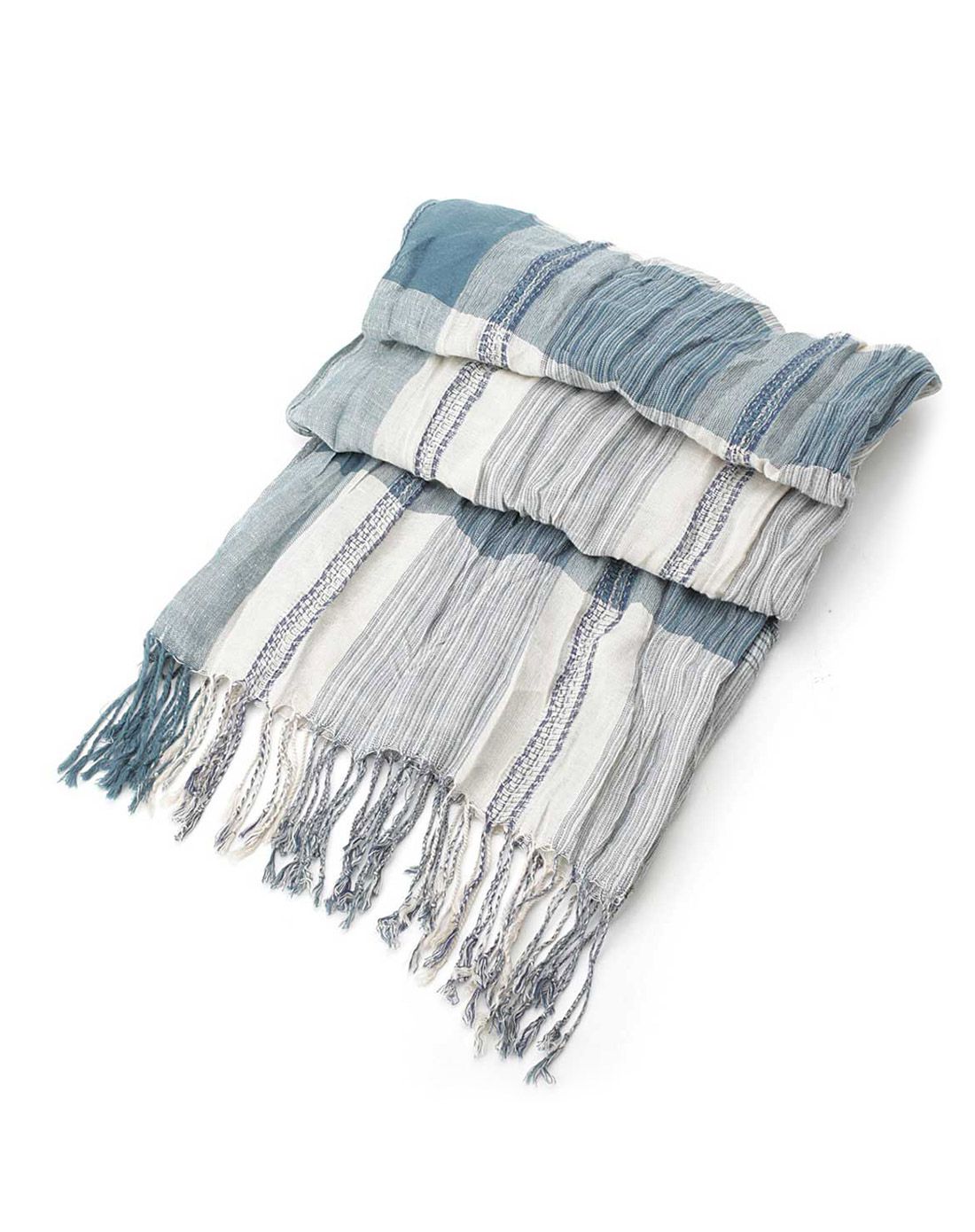 横间条纹流苏蓝白色围巾