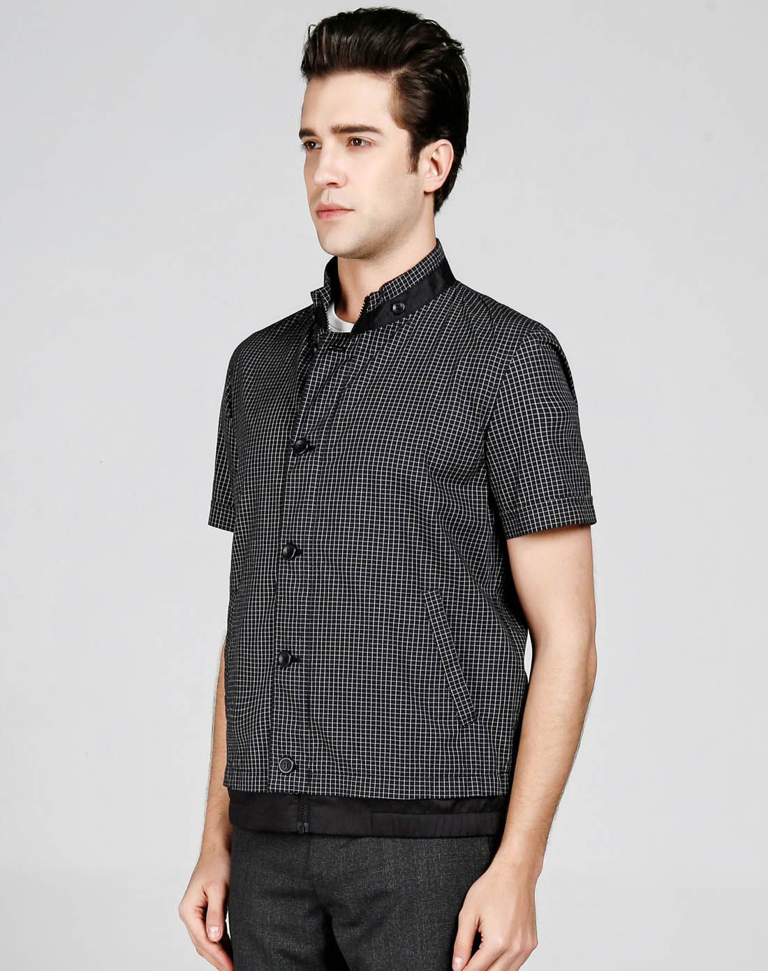 宾可尼罗bianconero男装专场 黑白格时尚商务立领空调衫百搭实用短