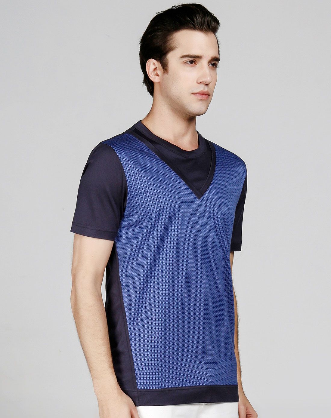 宝蓝色圆领假两件时尚拼接色织小图案实穿短袖t恤