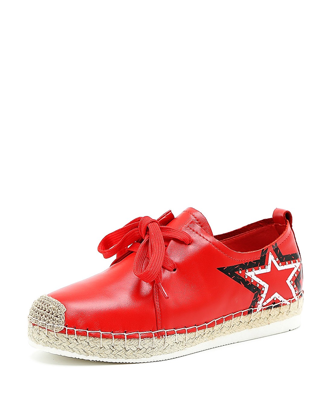 红色牛皮五角星装饰女士休闲鞋