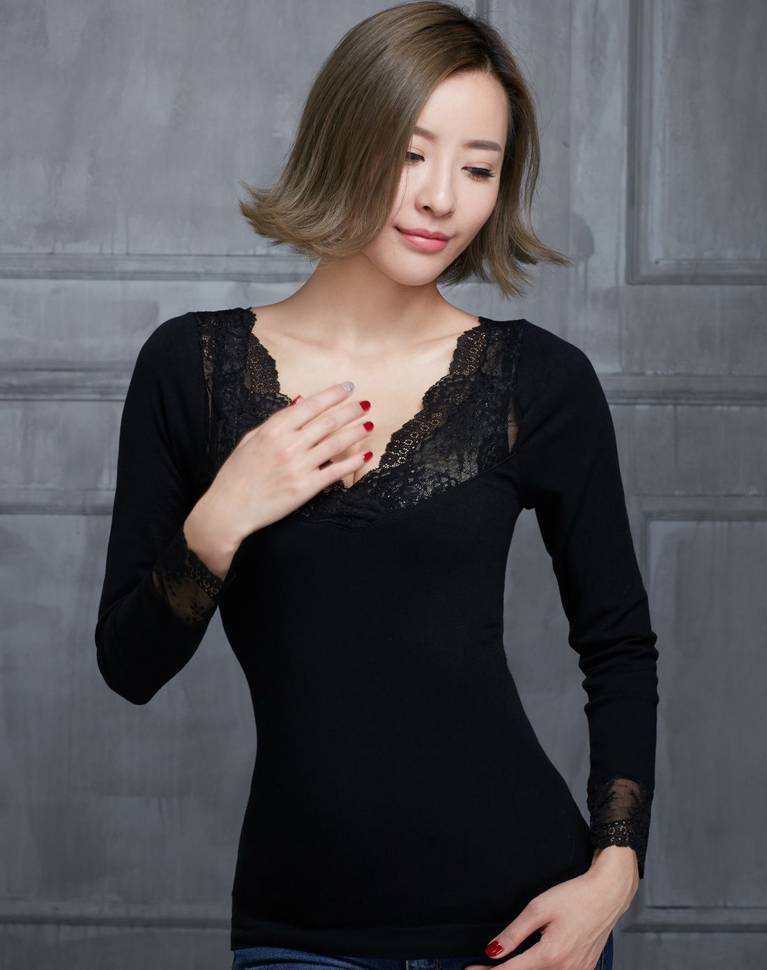 缪诗mmuses内衣移动端专场多情月光醇黑蕾丝绣花美体修身打底衫545006