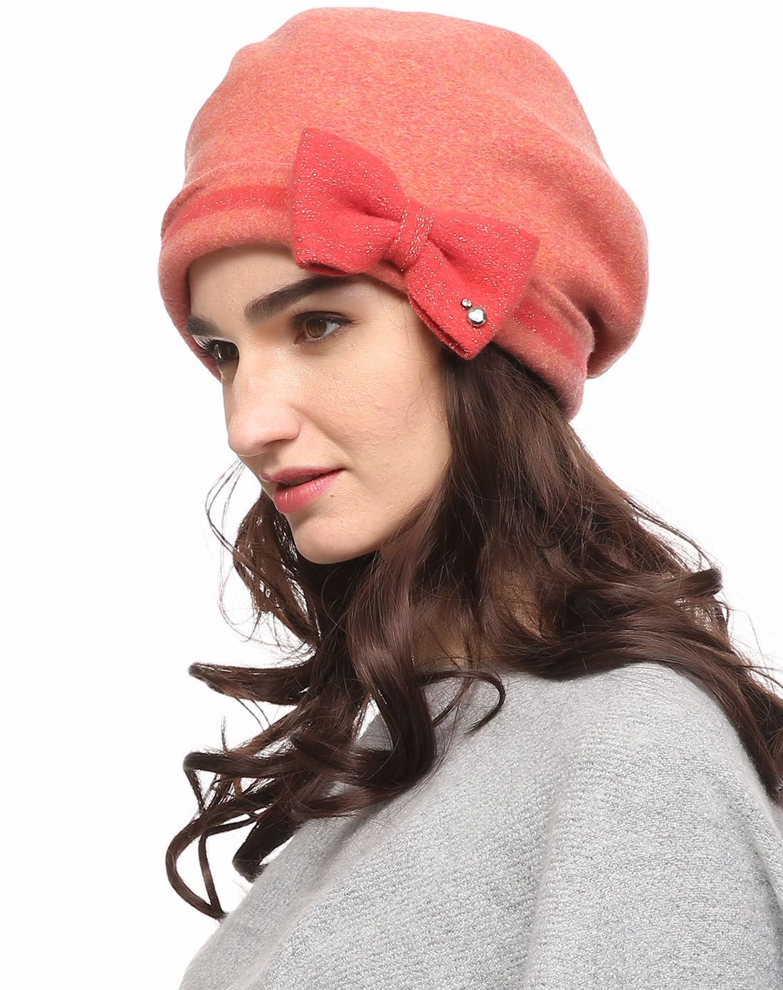 全羊毛蝴蝶结桔色软帽