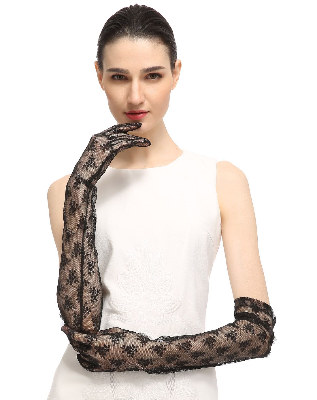 elle 日本进口面料黑色蕾丝全臂长透气防紫外线手套