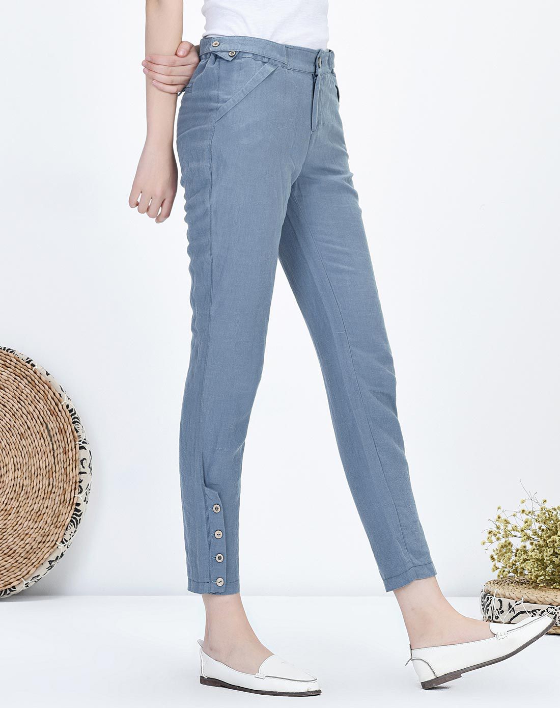 逸阳亚麻九分裤蓝灰色