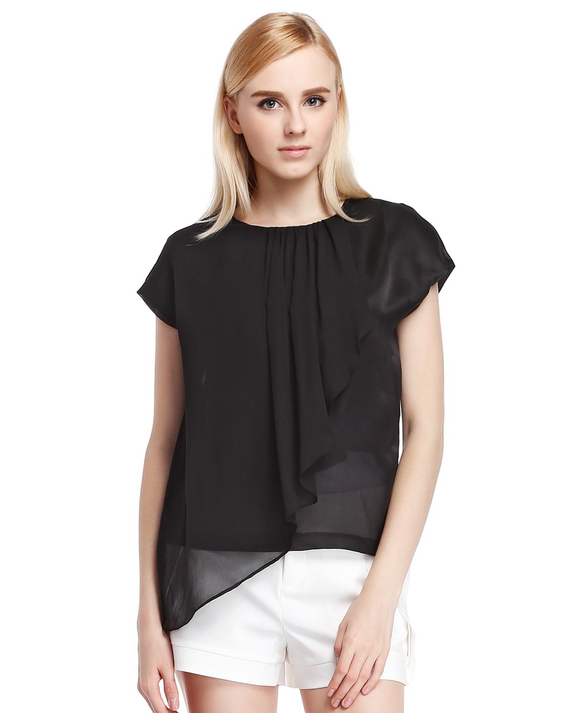 黑色雪纺拼接圆领盖肩袖上衣