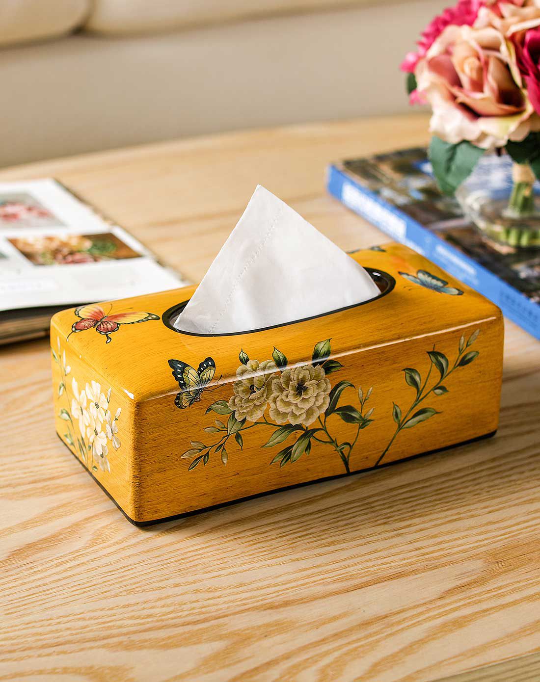 彩色手绘黄色高温陶瓷纸巾盒/纸巾抽