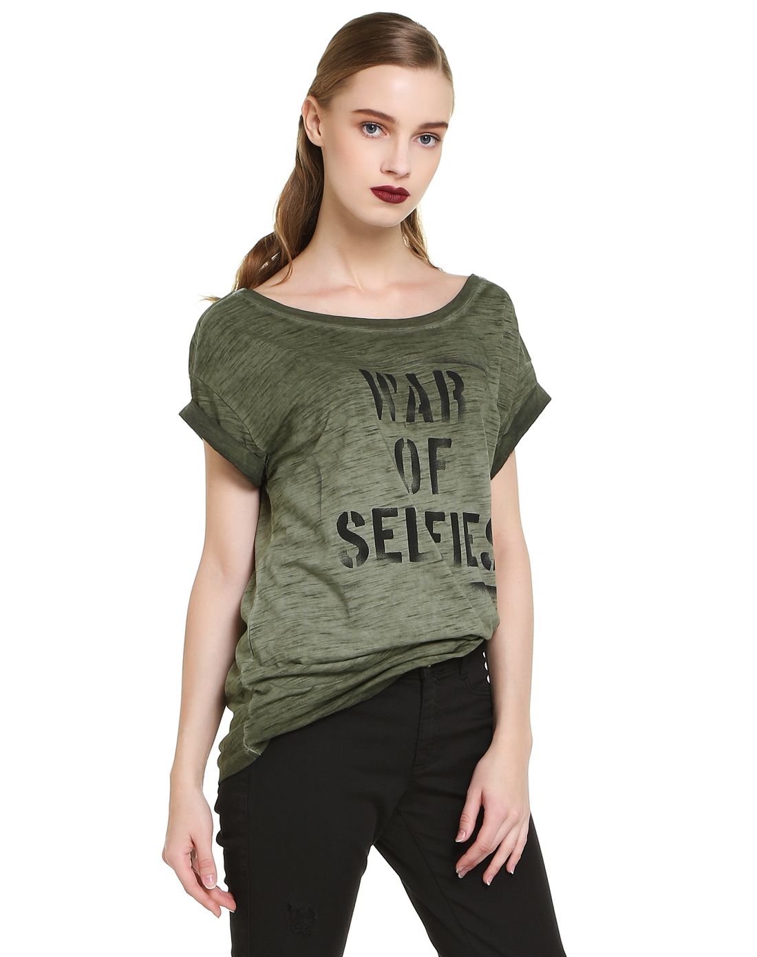 sisley女款军绿色帅气印花盖肩袖t恤