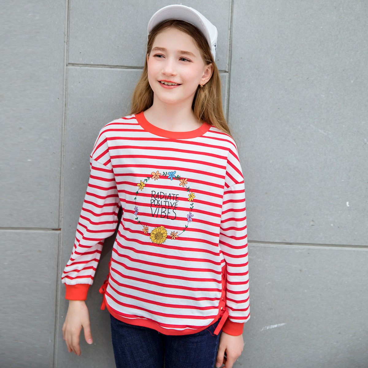 法国flordeer 童装女童卫衣打底衫条纹印花套头中大童女孩儿童上衣