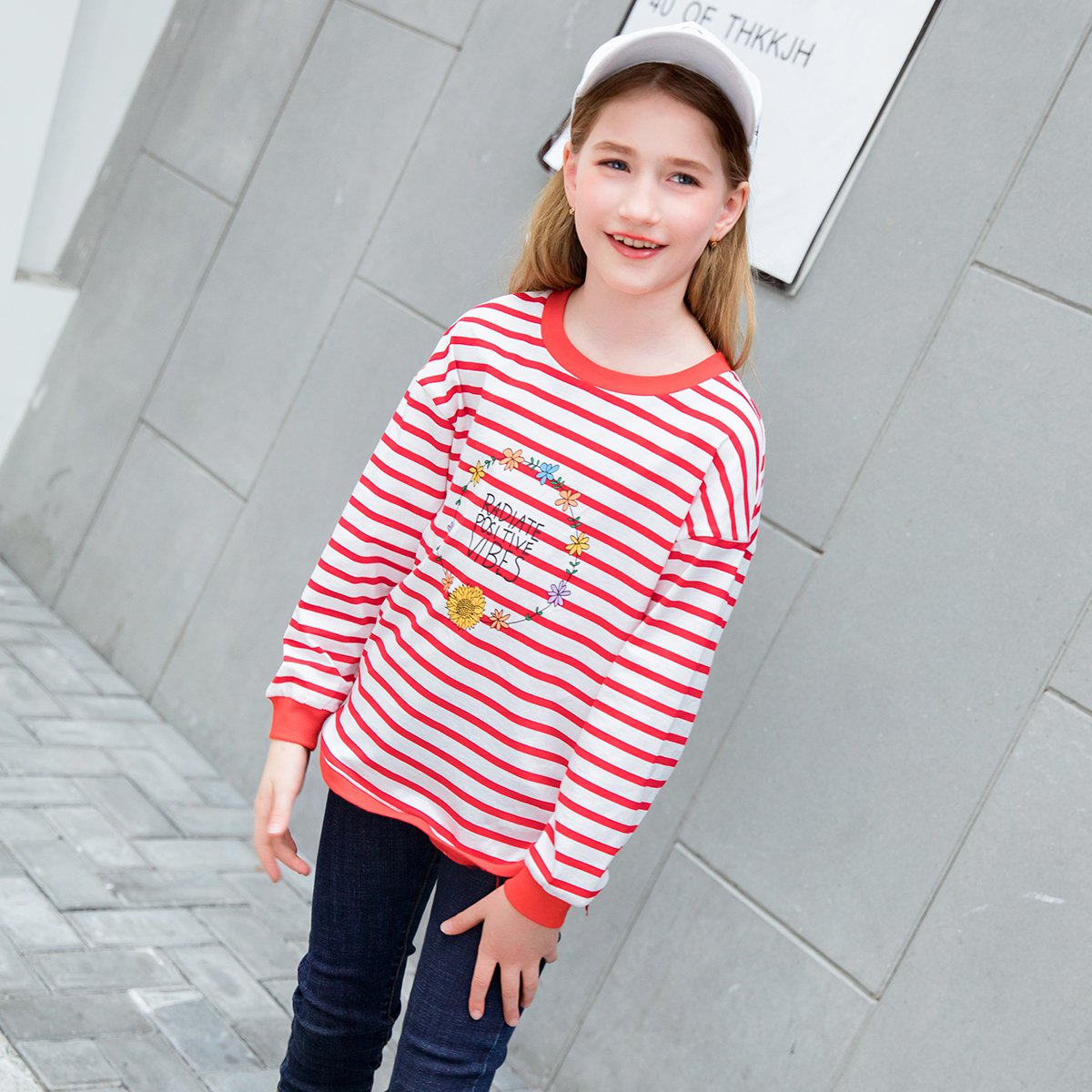 法国flordeer 童装女童卫衣打底衫条纹印花套头中大童女孩儿童上衣