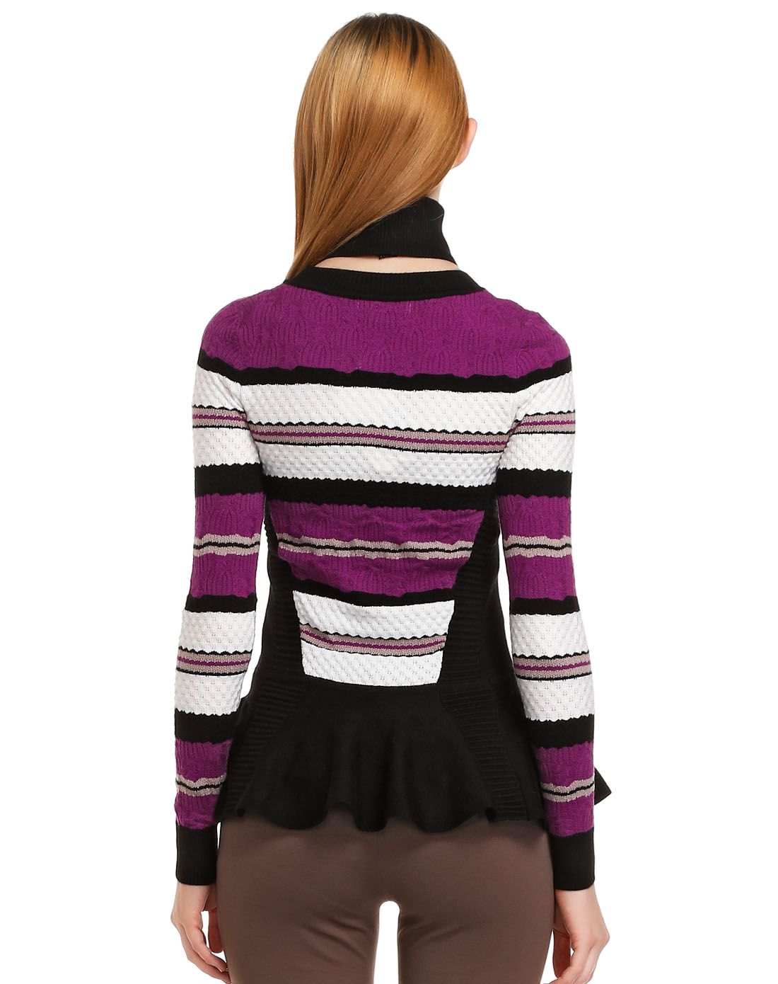 黑紫/多色条纹圆领长袖针织衫