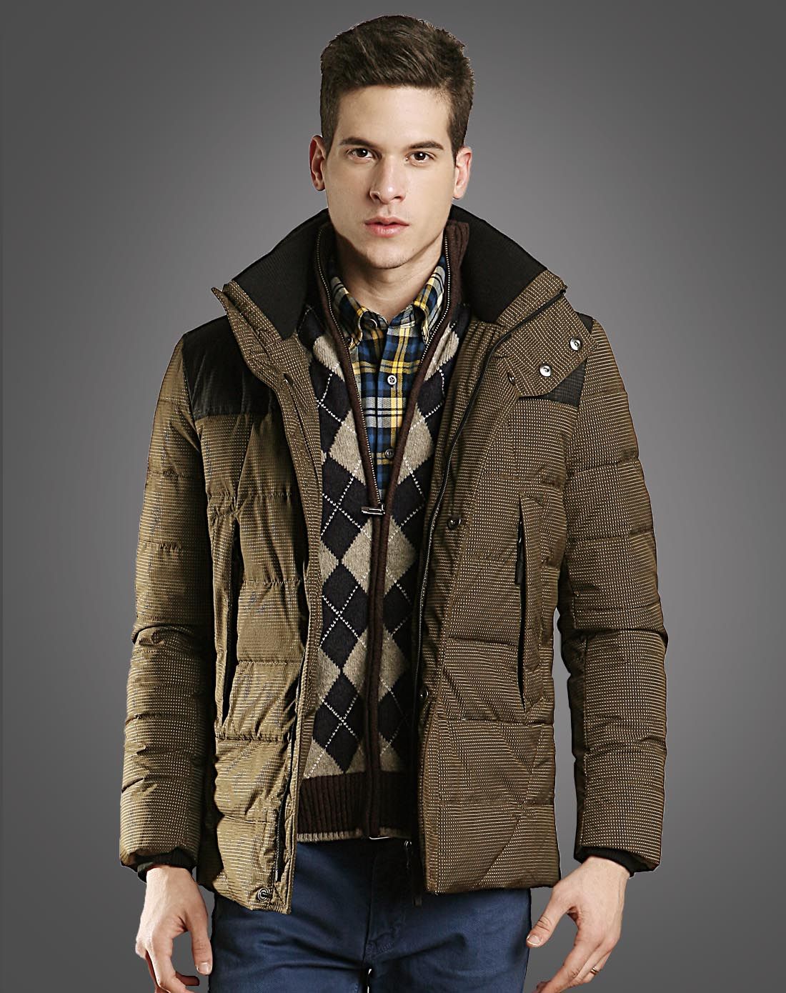 皮尔·卡丹pierre cardin羽绒服男女男款棕绿色都市休闲羽绒服c23