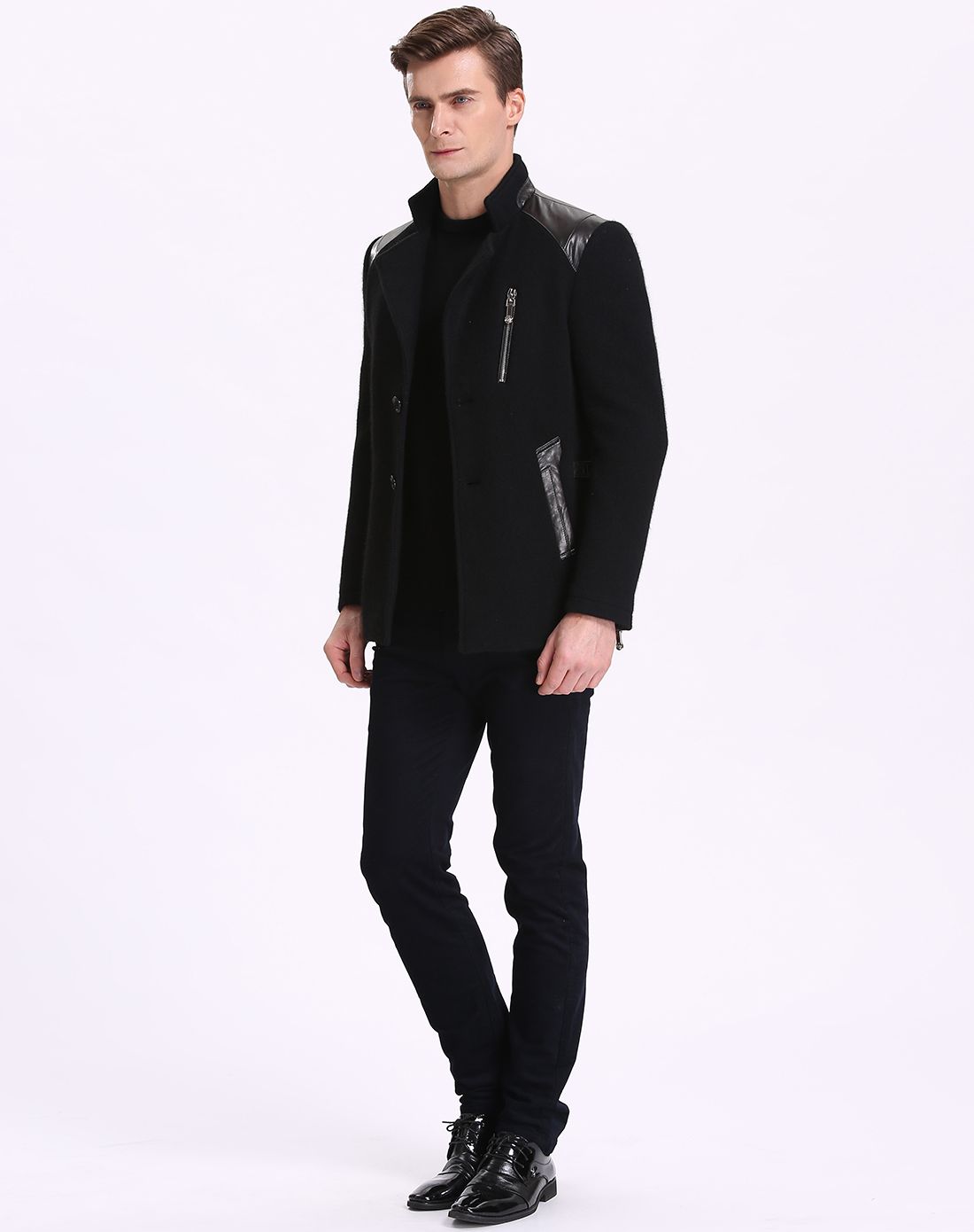 男款黑色山羊皮羊绒休闲西装款外套